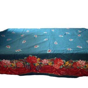 Christmas Green Red Rectangular Poinsettia Holly Fabric Tablecloth 52 x 102 In.